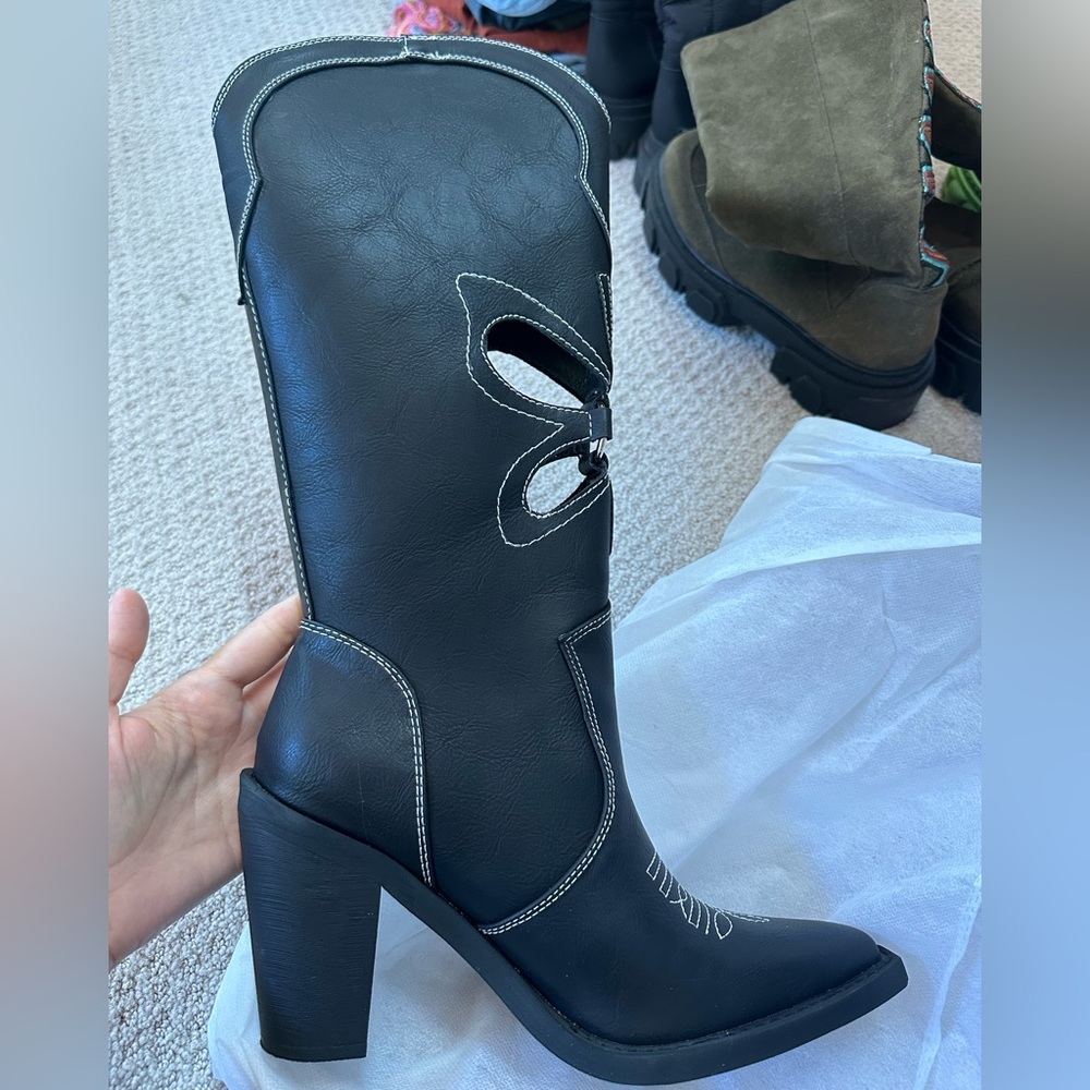 Dolls Kill Black Mid-Calf Western Block Heel Boots